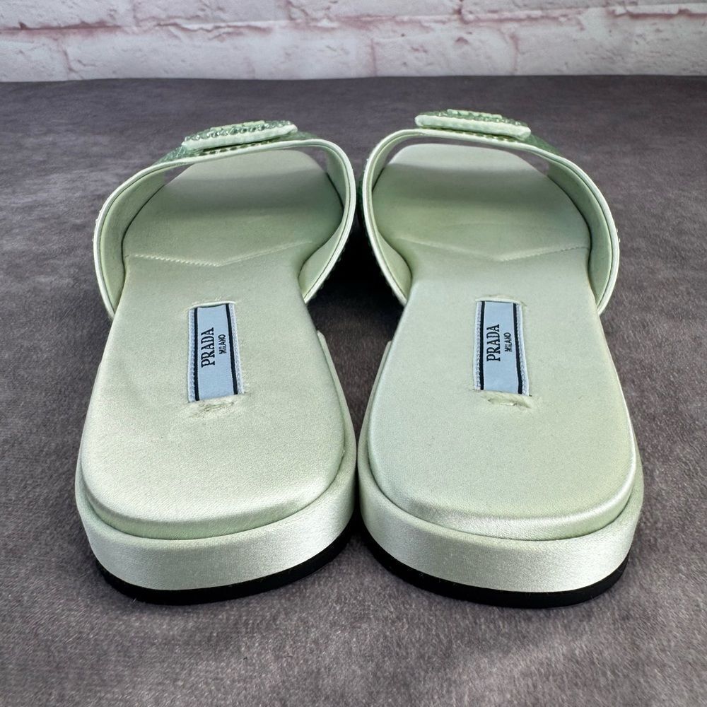 Prada Satin Crystal Embellished Green Slide Mules Sandals 37 NEW - Picture 6 of 9